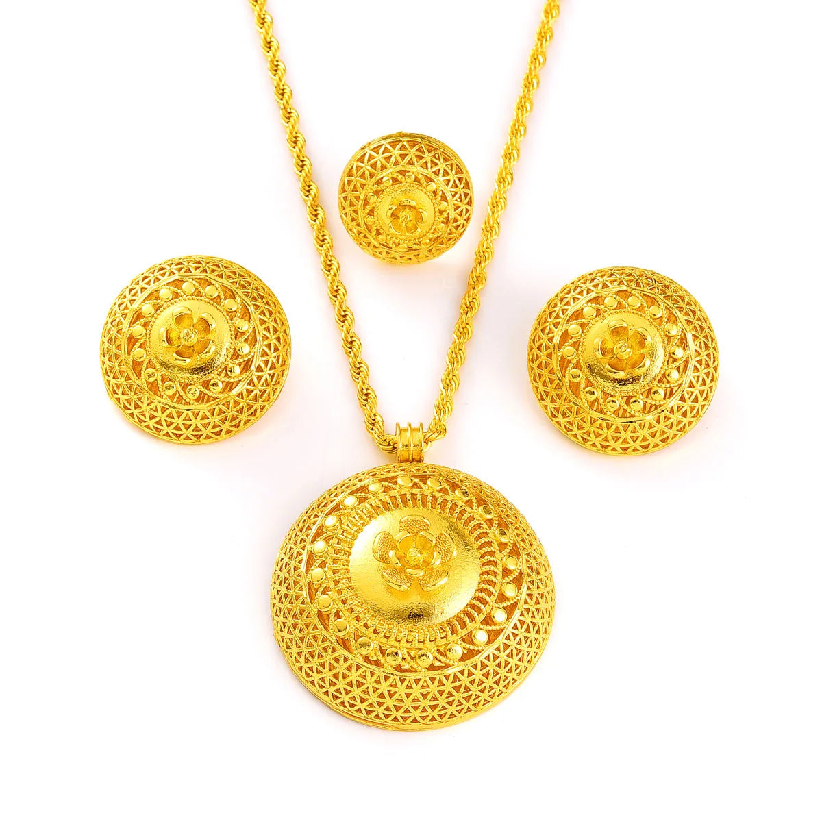 African Women Classic Ethnic Style Jewelry Set Golden Color Pendant Necklace Earrings Ethiopian Bridal Wedding Luxury Gift