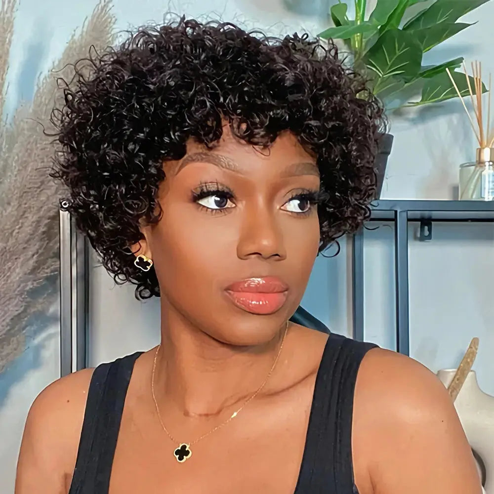 8 Inch Short Pixie Curly Bob Wig with Bangs Brazilian Human Hair Bouncy Curl Wig for Women Ready to Go Wig Beauty hair & fashionfj