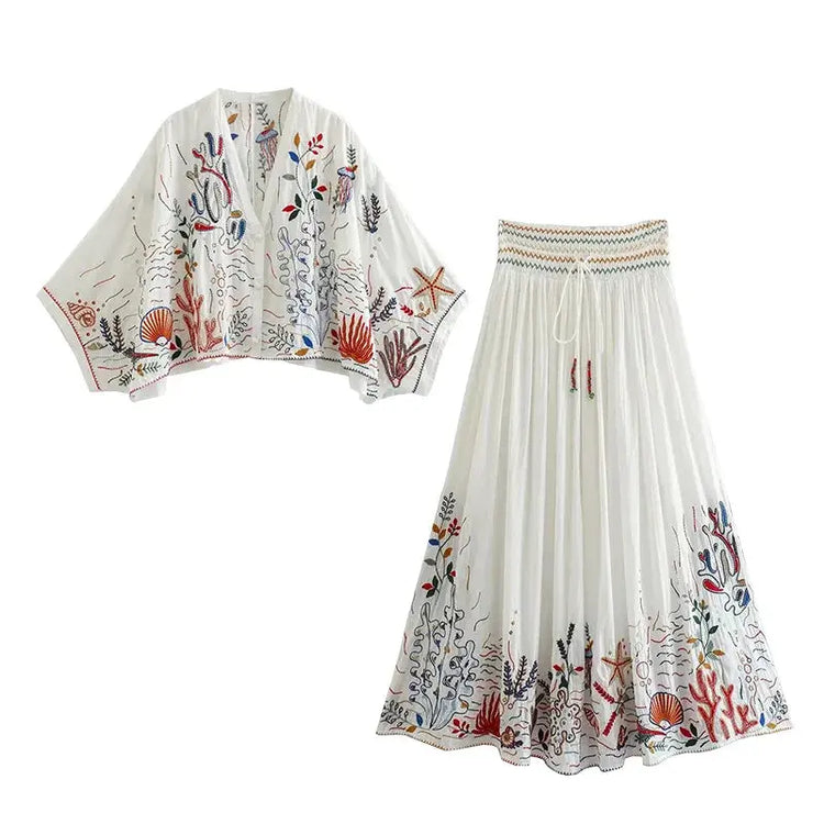 Batwing Sleeve Women Autumn Embriodery Paisley Print Skirt Set Outfits V Neck Button Tiered Mini Skirt Dress Suit Vintage Set Beauty hair & fashionfj