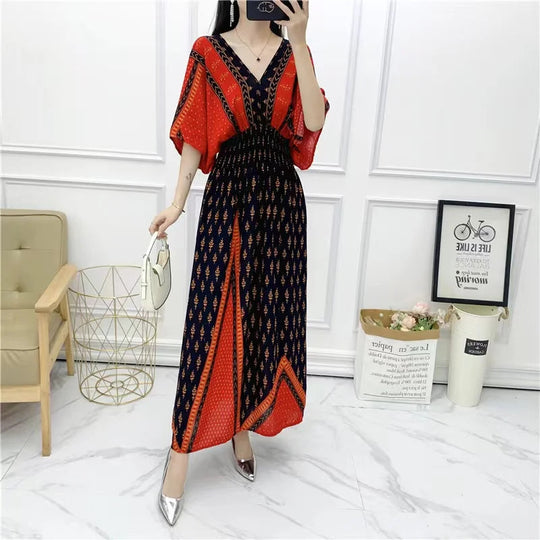Summer Trend Ethnic V-Neck Printed Women's Dress Vintage Elegant Batswing Sleeves Elastic Waist Large Swing Casual Holiday Dress Beauty hair & fashionfj