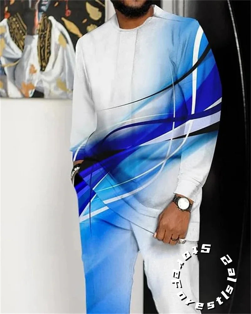 Men Tracskuit Set 2-piece Striped 3D Printed Casual Walking Suit Fashion Streetwear Long Sleeve T-Shirt Trousers Outfits Beauty hair & fashionfj