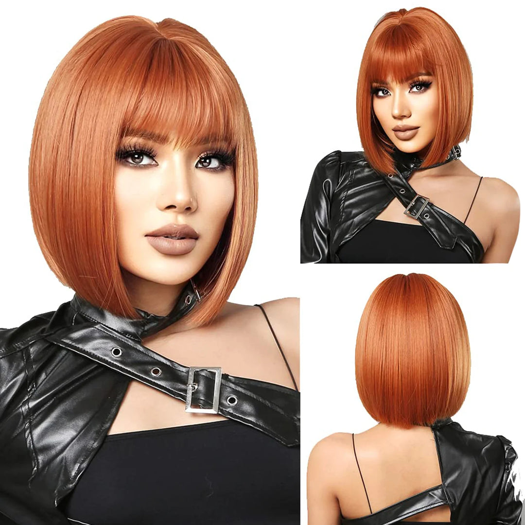 Short Straight Synthetic Bob Wigs for Women Black Burgundy Brown Bob Wig with Bangs Cosplay Wig 12Inch
