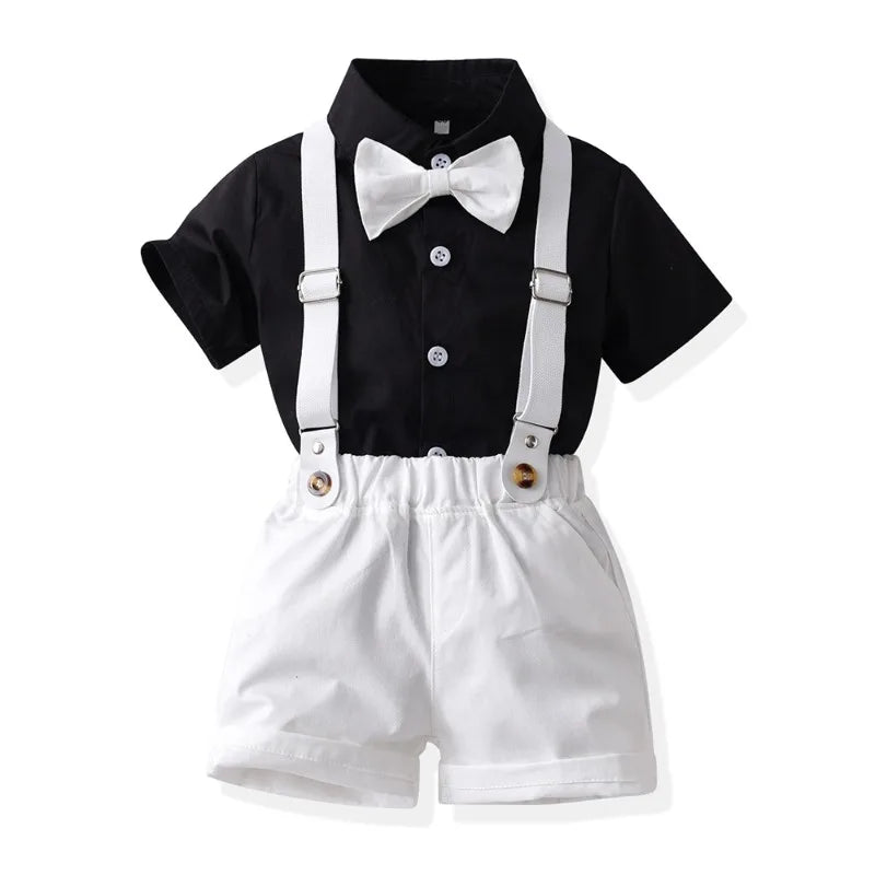 Boys' Formal Outfit Set with Short Sleeve Shirt Bow Tie Suspenders and Shorts Elegant Suit for Wedding and Halloween Party