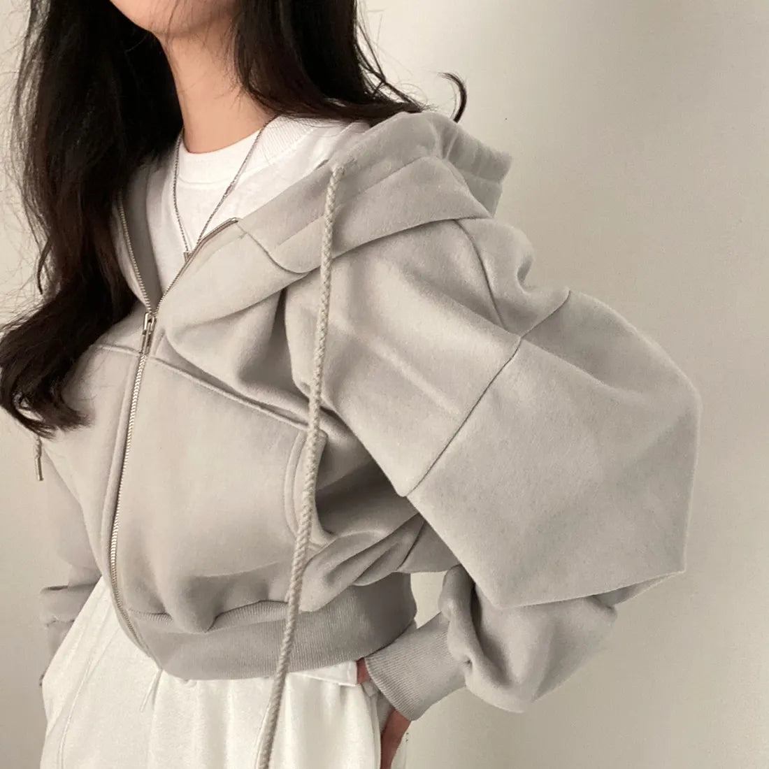 Casual Hood Sweatshirt Women Y2K Zip Up Hoodies Solid Harajuku Long Sleeve Shirt Oversized Crop Tops Female Loose Jackets Coat Beauty hair & fashionfj