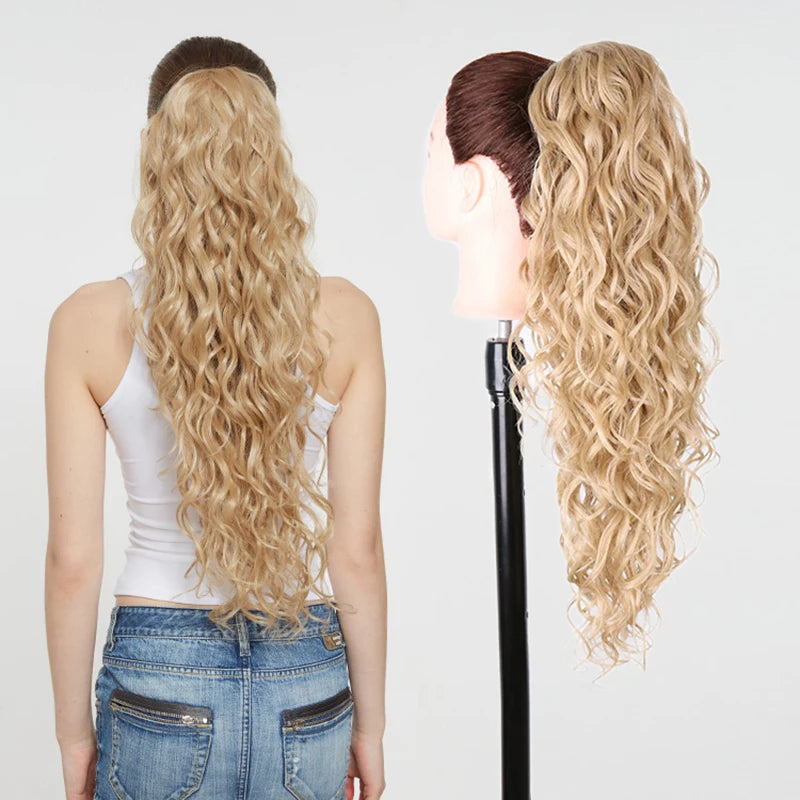 Julianna Synthetic Kanekalon Black Drawstring Water Wave Ponytail Extension Female Curly Wavy Clip In Ponytail Hair Extension