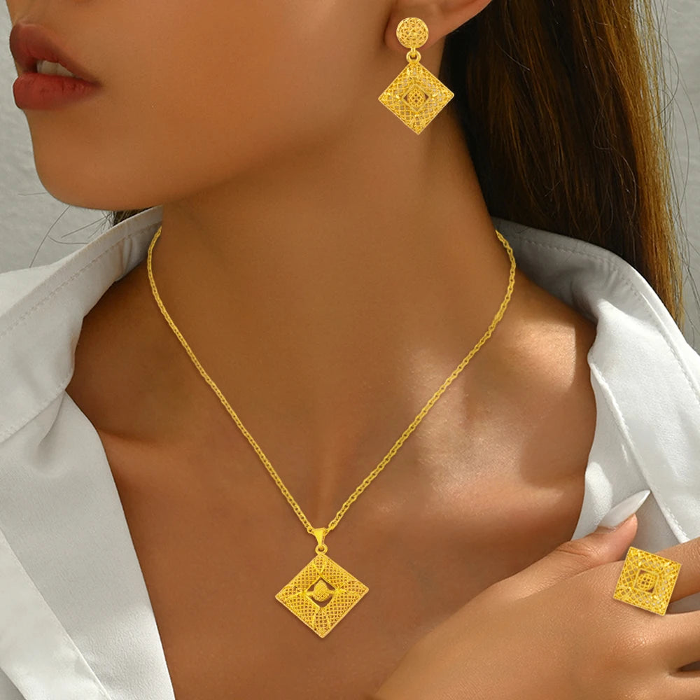 Mid East Gold-plated 3pcs Jewelry Set For Women India Dubai Jewelry Geometry Earrings Necklace Ring Set Apply for Party Wedding