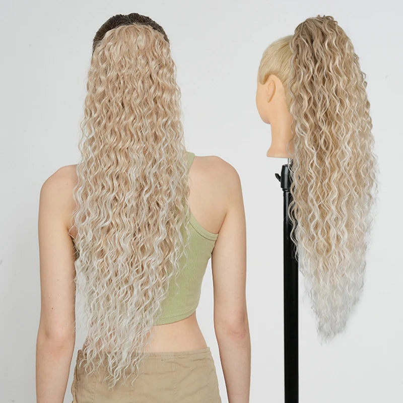 Julianna Synthetic Kanekalon Black Drawstring Water Wave Ponytail Extension Female Curly Wavy Clip In Ponytail Hair Extension