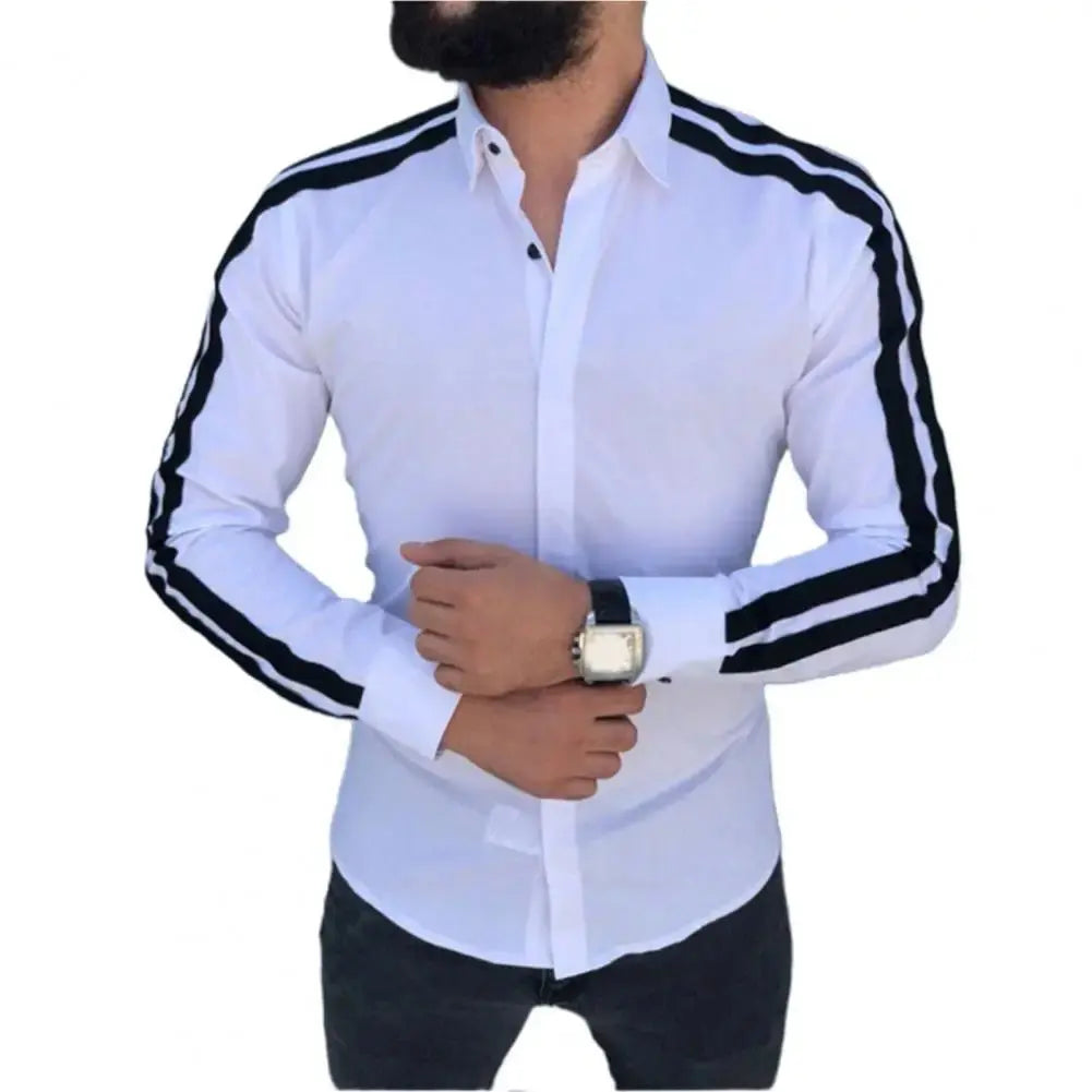 Long Sleeve Turn-down Collar Men Shirt Button Cuffs Side Striped Slim Office Shirt Leisure Clothing Casual Shirt korean popular Beauty hair & fashionfj