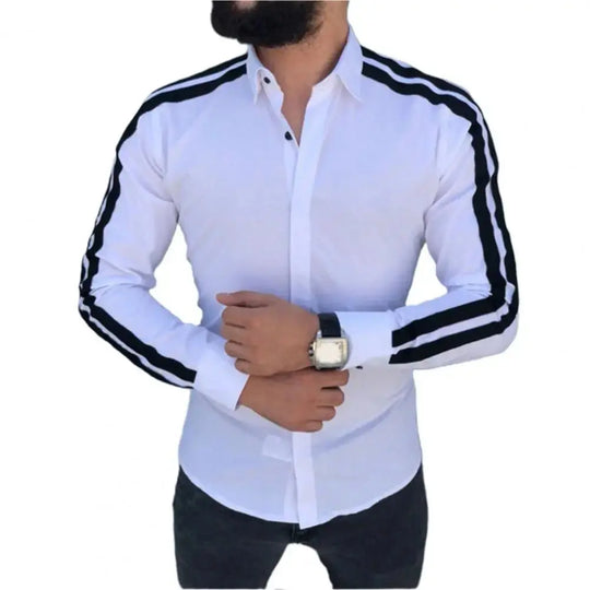 Long Sleeve Turn-down Collar Men Shirt Button Cuffs Side Striped Slim Office Shirt Leisure Clothing Casual Shirt korean popular Beauty hair & fashionfj