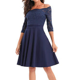 Women Elegant Wedding Bridesmaid Dinner Dress Sexy Lace Off Shoulder Party Dresses Solid Color Half Sleeve Evening Gown Vestido Beauty hair & fashionfj