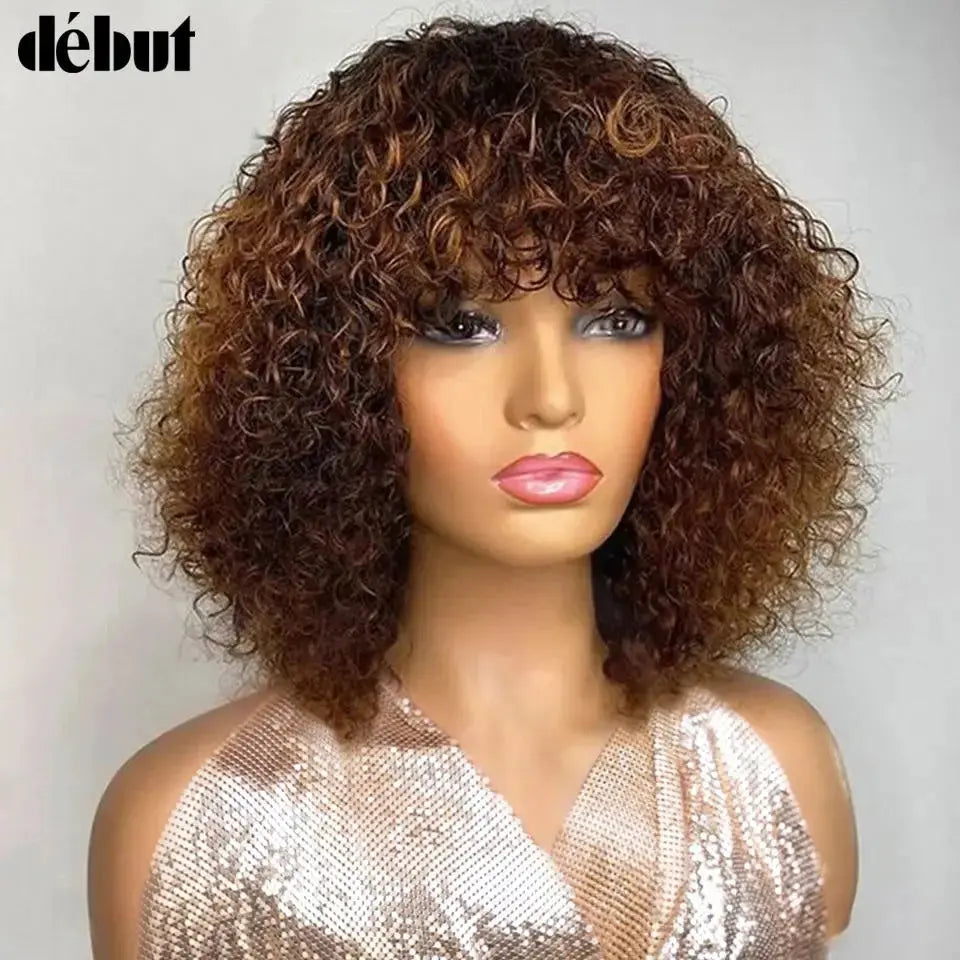 Fringe Bang Wig With Deep Wave Human Hair Water Wave Natural  Deep Curly Brazilian Hair Wigs 180% Density For Women Beauty hair & fashionfj