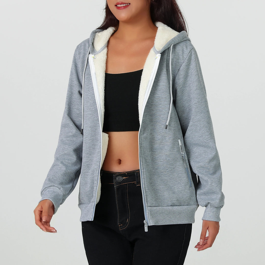 A Winter Women's Jacket, Fleece-Lined and Thickened for Warmth, Loose Casual Women's Outerwear, Polyester Fabric, Zip-Up Front, Side Zipper Pockets, Solid Color Hooded Jacket, Hidden Large Pockets Inside
