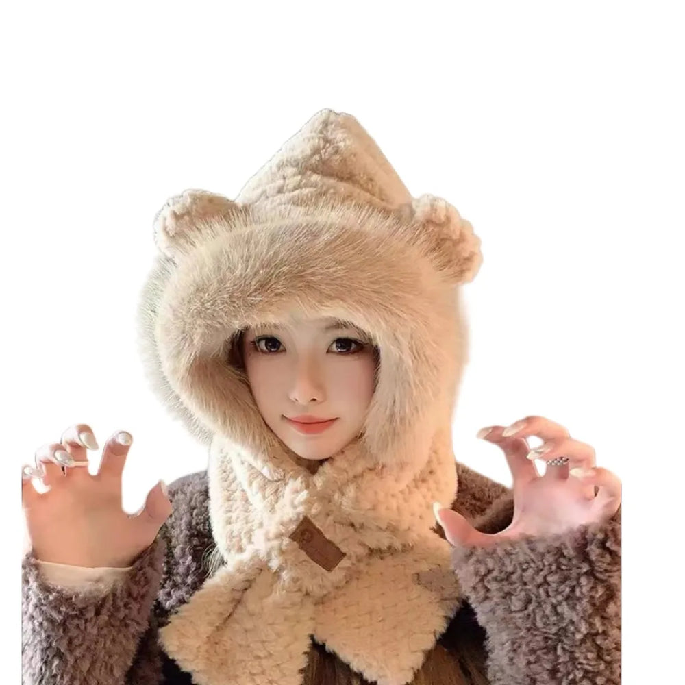 New Winter Plush Bear Neck Warmer Hat for Women Windproof Ear Warmers Thickened Female Cycling Versatile Hats and Scarf Set 2