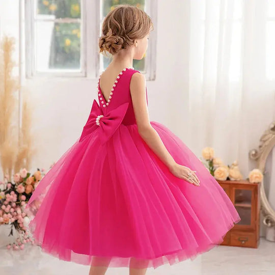 Summer Girls Party Dresses for Kids 3-8 Years Birthday Tulle Pearl Formal Evening Dress Backless Bow Flower Girl Wedding Dress Beauty hair & fashionfj
