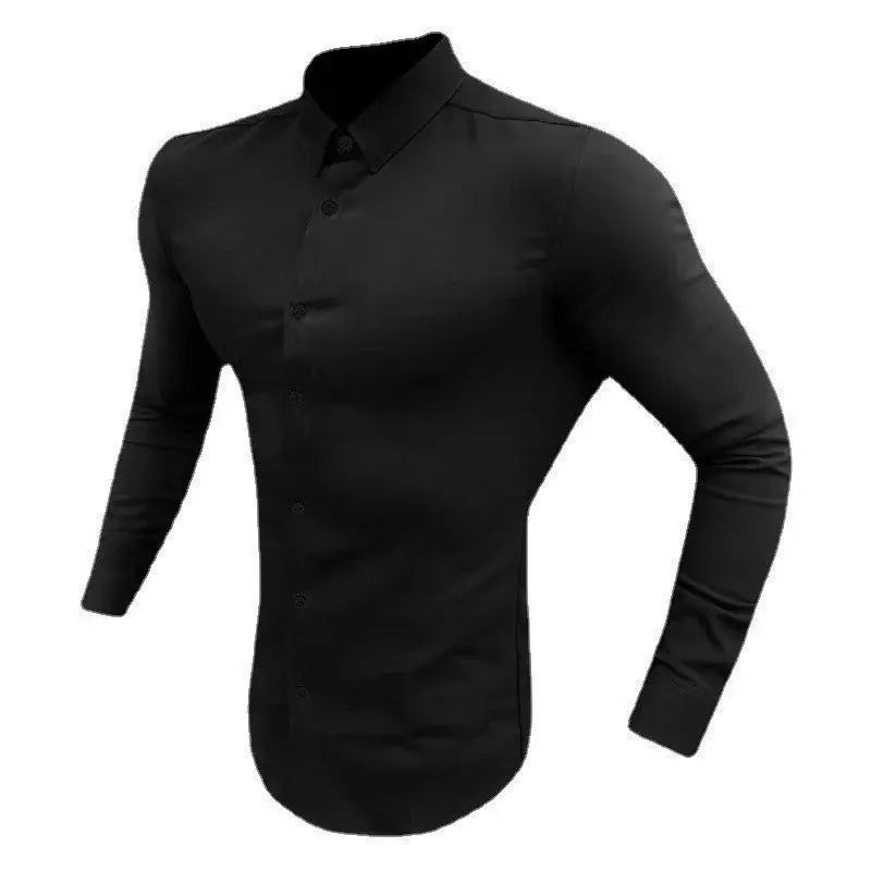 Men's Shirt Fashion Full Sleeve Shirt Men's Muscle Casual Slim-fit Business Dress Solid Color Shirt Men's Gym Fitness Men Shirt Beauty hair & fashionfj