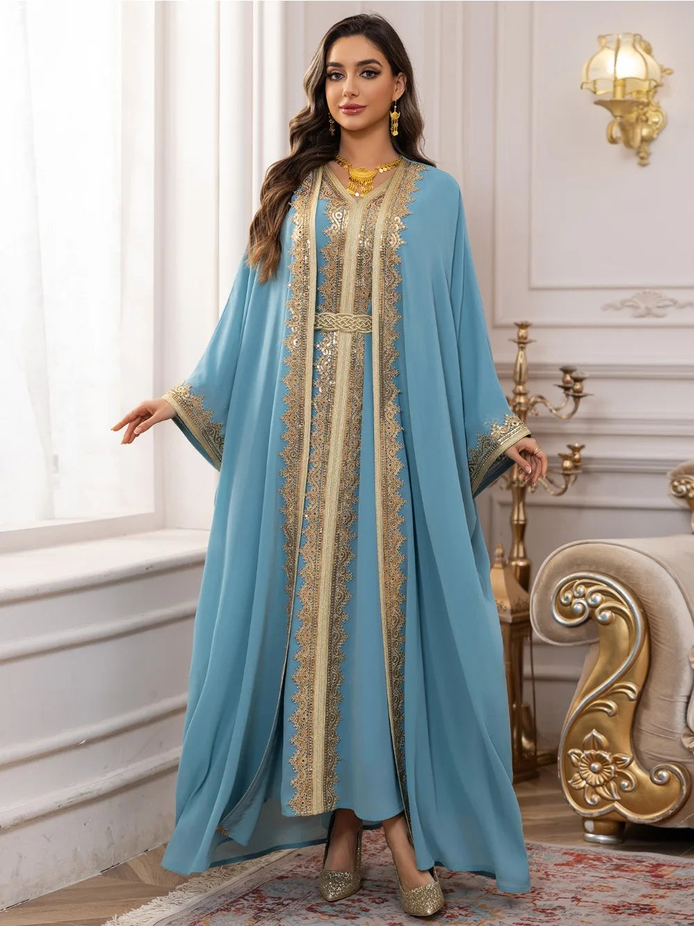 Eid Women Abaya Dress Muslim 2 Piece Set Cardigan with Inner Dress Lace-up Robe Caftan Robe Jalabiya Ramadan Morocco Kaftan 2025 Beauty hair & fashionfj