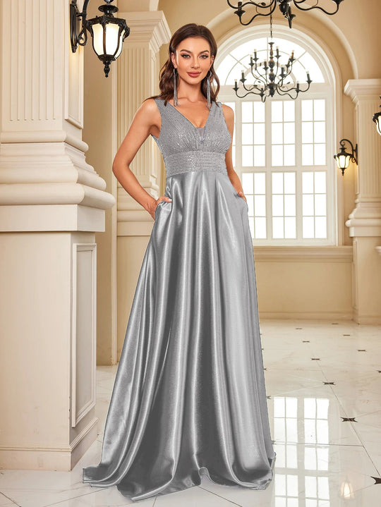 Elegant Sequins Evening Dress For Women 2024 Deep V-neck Satin Prom Party Green Dress Floor Length Blue Formal Gowns Beauty hair & fashionfj