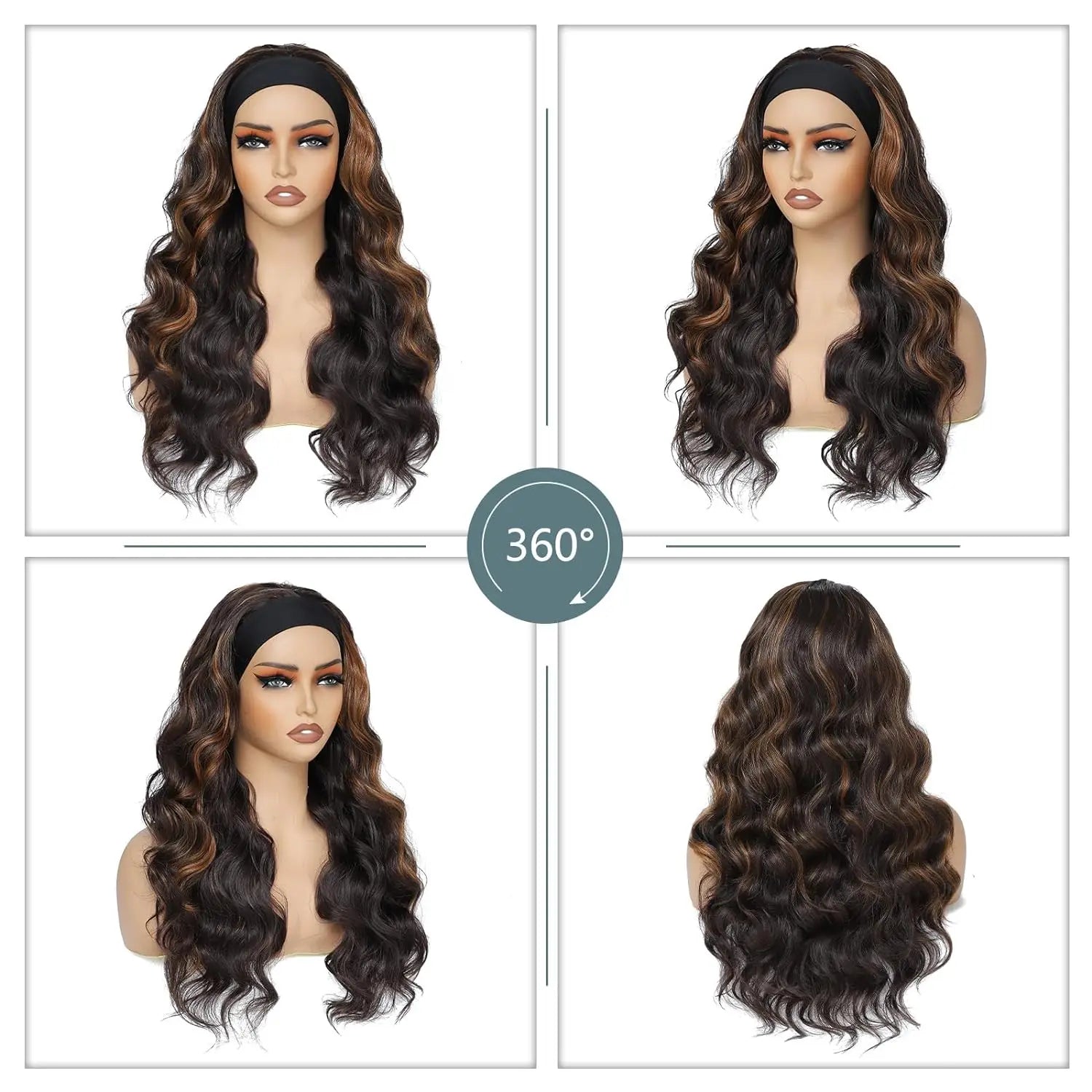 Brown Highlight Headband Wigs For Black Women 26" Body Wavy Wig With Headband Attached Natural Looking Synthetic Hair Wig