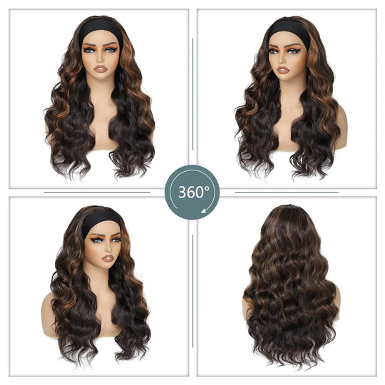 Brown Highlight Headband Wigs For Black Women 26" Body Wavy Wig With Headband Attached Natural Looking Synthetic Hair Wig