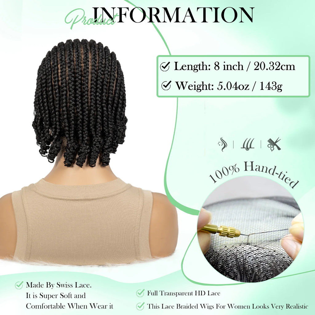 8 inches Cornrow Synthetic Crochet Braided Bob Wigs Full Lace Synthetic Short Natural Straight Wigs with Braids for Black Women