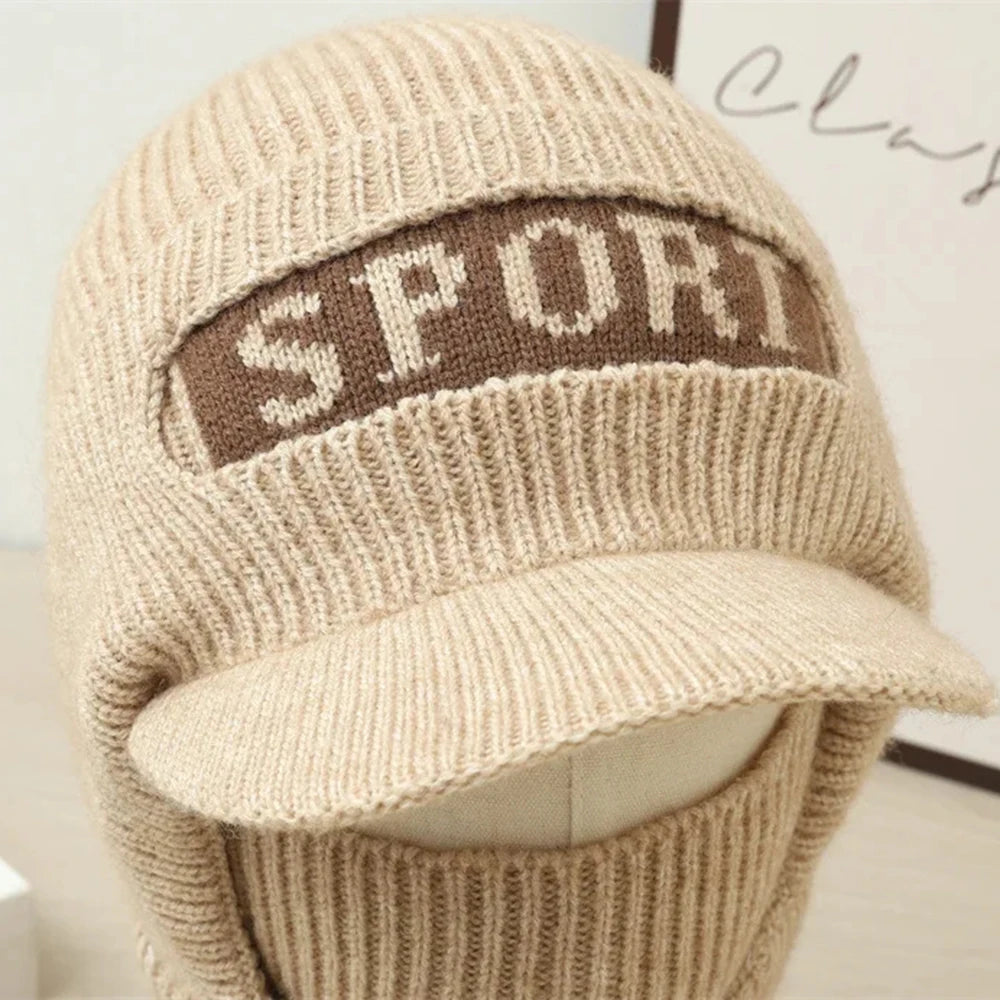 Winter Knitted Hat For Men Women With Ear Protection Integrated Mask Scarf  Couples Windproof Warm Headgear Travel Hat Black