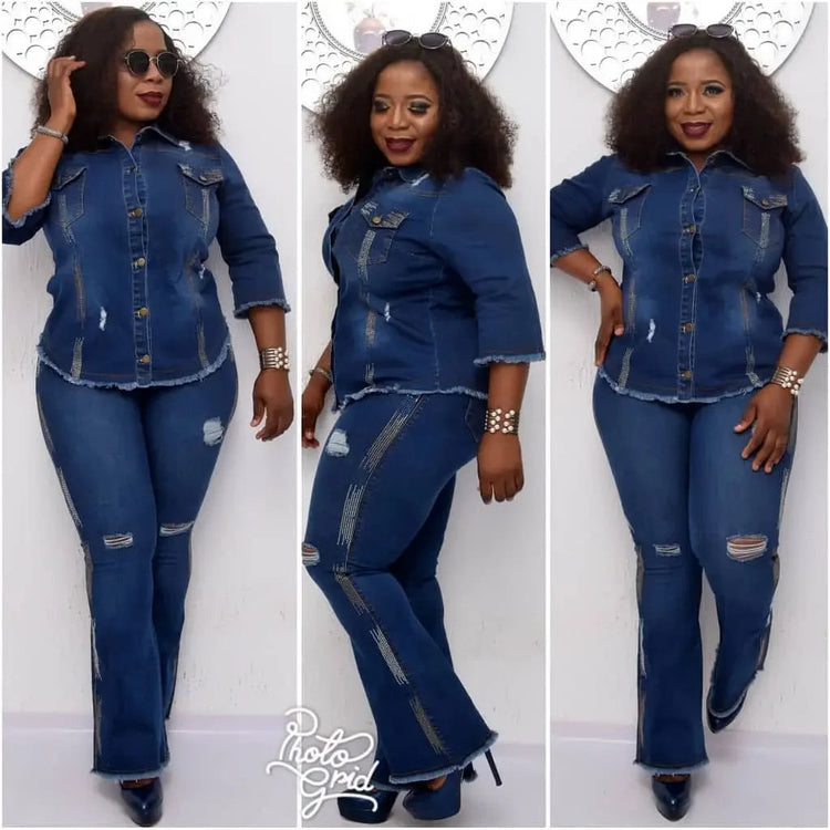 Two Piece Set Women Cowboy Suit Jean Jacket Single Breasted Turndown Collar Hole Flare Pants Female Outfits Casual Ensemble Beauty hair & fashionfj