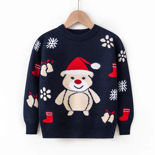 Kid Boys and Girls Casual Long Sleeves Top with Cartoon Prints in Christmas Blue Series Unisex Sweater for Children Comfortable
