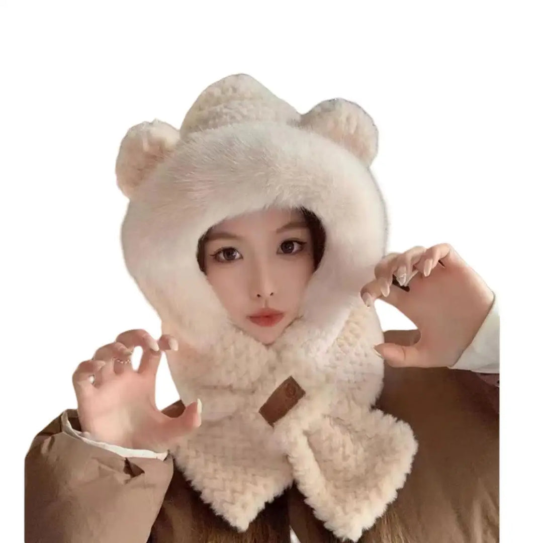 New Winter Plush Bear Neck Warmer Hat for Women Windproof Ear Warmers Thickened Female Cycling Versatile Hats and Scarf Set 2