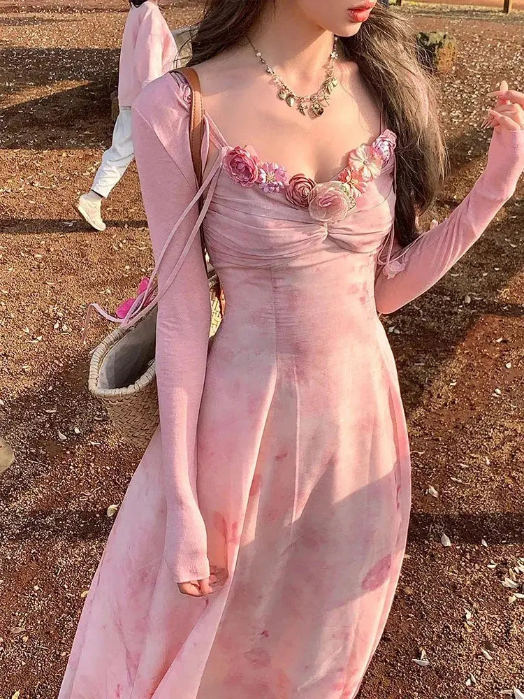 Casual Light Pink Printed Sleeveless Dress Beach Fashion Y2K Vintage Chic Summer French Retro Elegant Chiffon Midi Dress Women Beauty hair & fashionfj