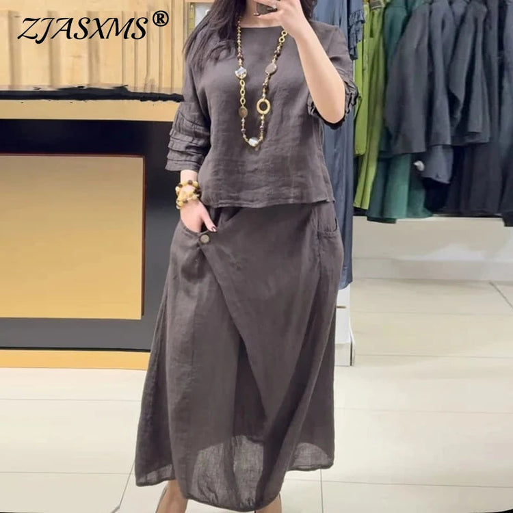 Casual O Neck Top Pullover & A-Line Skirts Cotton Linen Set Woman 2 Pieces Beauty hair & fashionfj