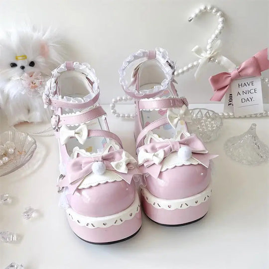 Sweet Girls Lolita Cute Bowknots Platform Shoes Kawaii Love Buckle Alice Flat Elevator Shoes Mary Janes Beauty hair & fashionfj