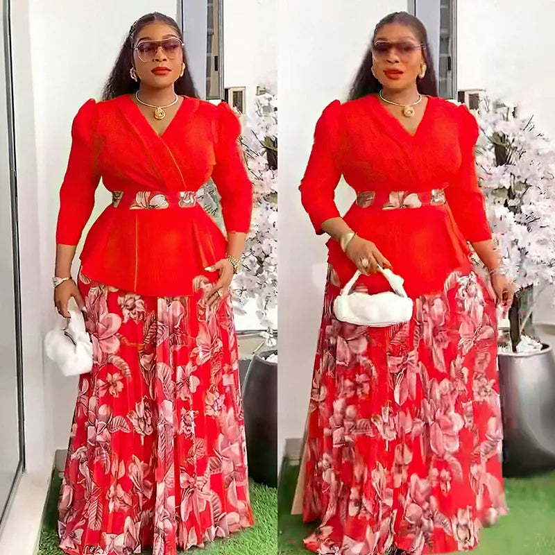 2 Piece African Clothes for Women Summer Fashion African Half Sleeve V-neck Polyester Printing Top Long Skirt Matching Sets 2025 Beauty hair & fashionfj