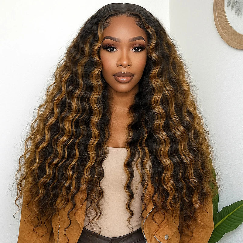 1b30 Highlight Half wig wear and go 3in1 Headband Wigs Human Hair Water Wave Wigs 100% Hair Curly wig Deep Wave Human Hair Wig