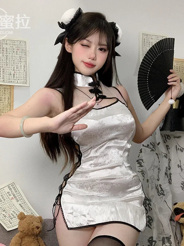 Sexy Cheongsam Mini Dress Mesh Lace Sheer Charming Underwear Uniform Transparent Slim Side Straps Dress Elegant Tops HE1O Beauty hair & fashionfj