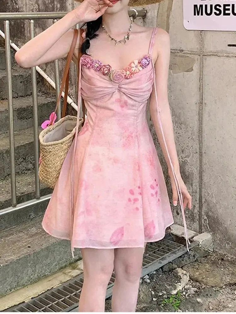 Casual Light Pink Printed Sleeveless Dress Beach Fashion Y2K Vintage Chic Summer French Retro Elegant Chiffon Midi Dress Women Beauty hair & fashionfj