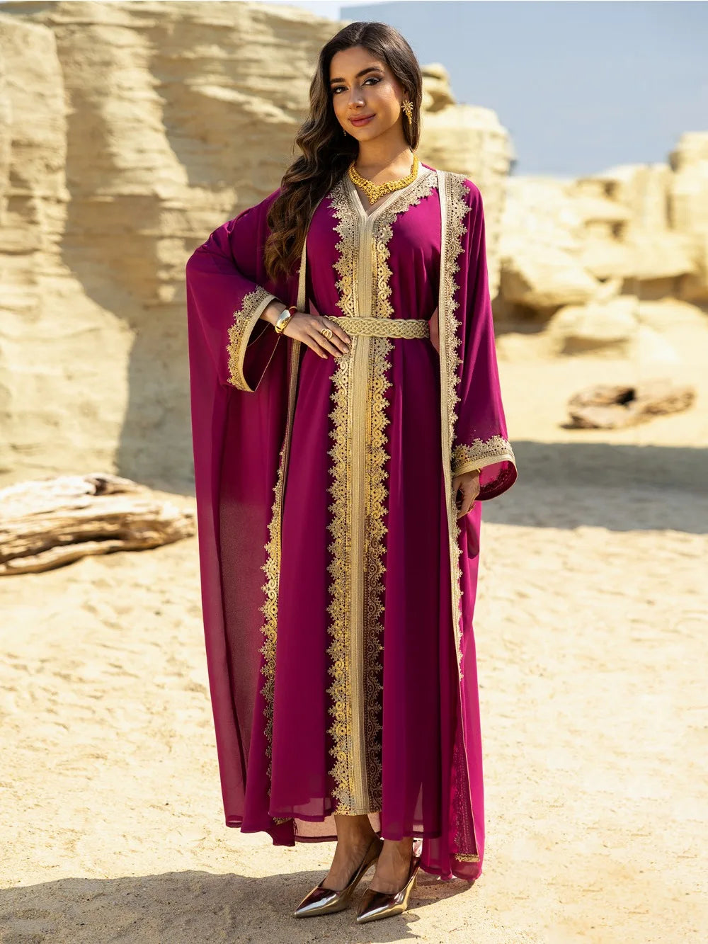 Eid Women Abaya Dress Muslim 2 Piece Set Cardigan with Inner Dress Lace-up Robe Caftan Robe Jalabiya Ramadan Morocco Kaftan 2025 Beauty hair & fashionfj