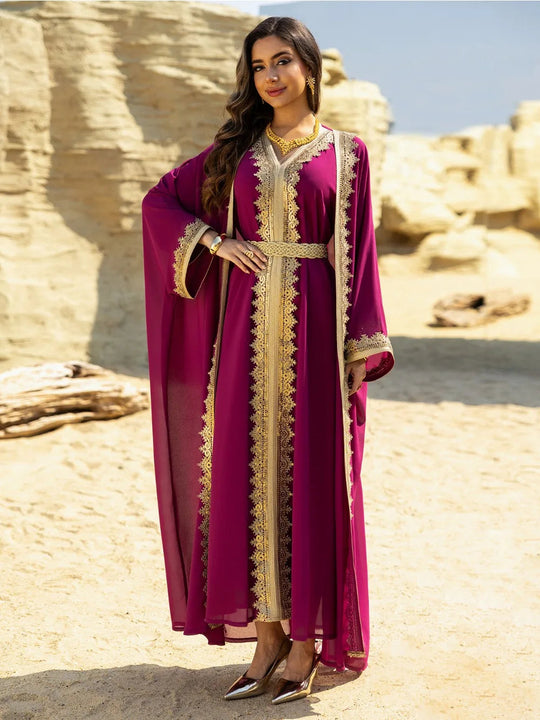 Eid Women Abaya Dress Muslim 2 Piece Set Cardigan with Inner Dress Lace-up Robe Caftan Robe Jalabiya Ramadan Morocco Kaftan 2025 Beauty hair & fashionfj