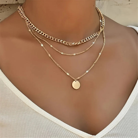 Multi Layered Golden Silvery Necklace for Women Staackable Necklace with Round Pendant  for Daily Wear Beauty hair & fashionfj