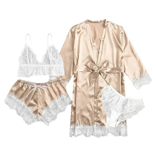 Women's Summer Sexy Pajama Pants Set 4 Pieces Lace Satin With Silk Sleepwear Robe Fashion And Comfortable Nightwear Beauty hair & fashionfj