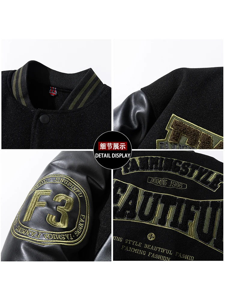 Winter Varsity Jacket Man Leather Sleeves Letter Embroidery Jacket Racing Motorcycle Woolen Coat Button Thick Warm Cool Original