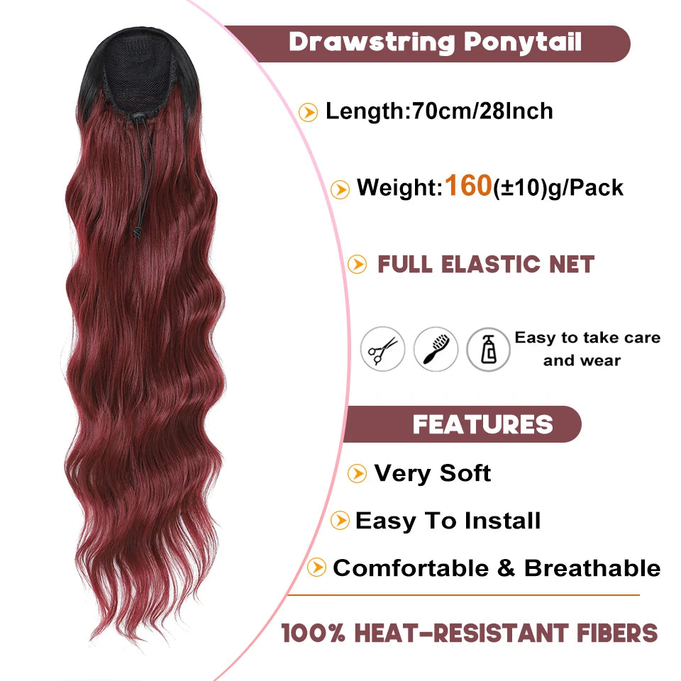 28 Inch Drawstring Ponytail Synthetic Hair Extensions For Black Women Long Wavy Clip-in High Temperature Pony Tail For Afro Girl