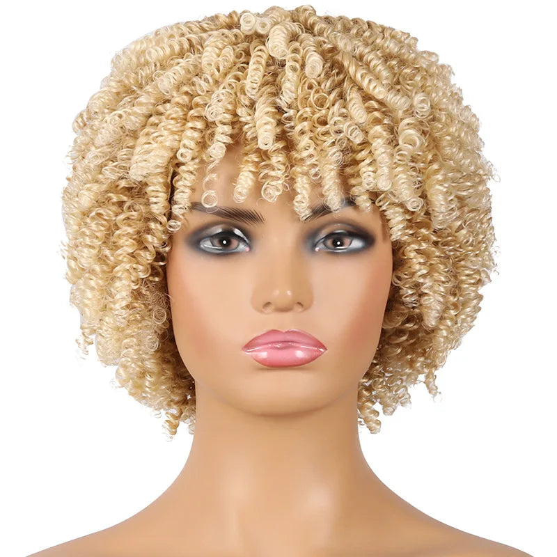 Short Kinky Curly Afro Synthetic Hair Wig for Black Women with Bangs Natural Cosplay