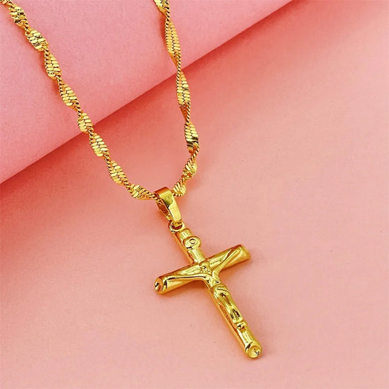 24K Gold AU999 Necklace | 3D double - layer cross, stacked with pearl chain, elegant & layered