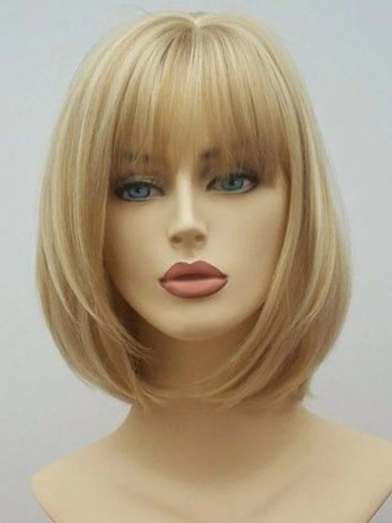 Women Bob Blonde Straight Short Bob Hair Flat Bangs Women Synthetic Wigs Blonde HighLights Hair Wig Heat Resistant Fiber