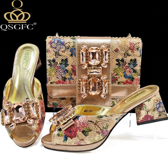 QSGFC Italian Sandals and Bags Matching Set 2025 Women Heel Party for Rose Gold Colour Wedding Bigger Size Thick Heel Shoes Beauty hair & fashionfj
