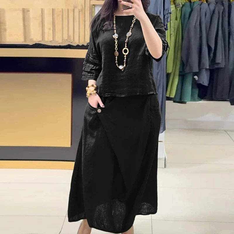 Casual O Neck Top Pullover & A-Line Skirts Cotton Linen Set Woman 2 Pieces Beauty hair & fashionfj