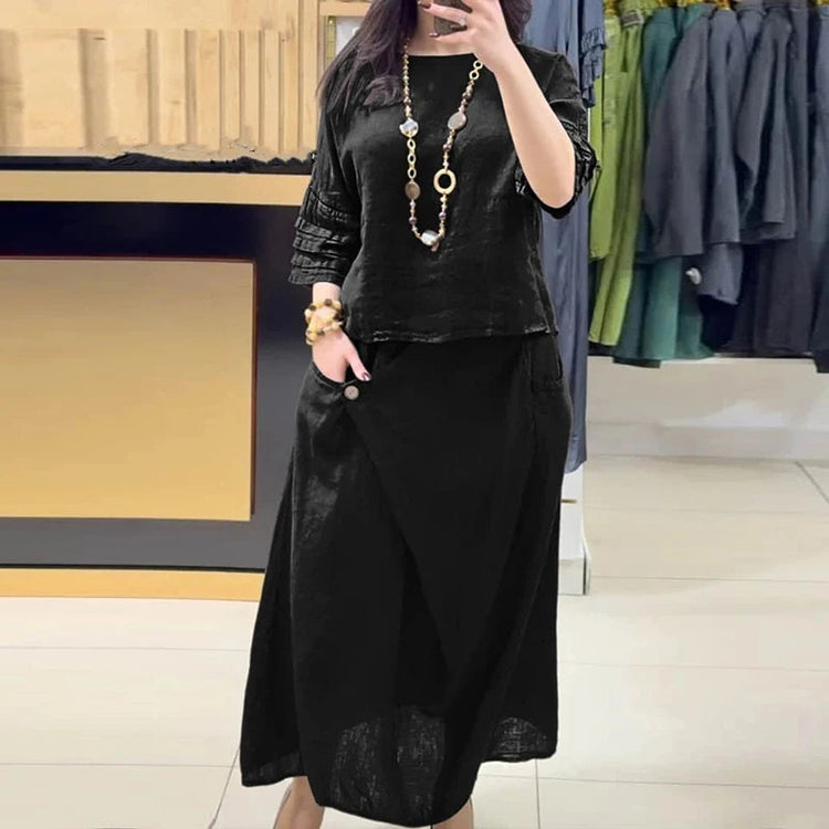 Casual O Neck Top Pullover & A-Line Skirts Cotton Linen Set Woman 2 Pieces Beauty hair & fashionfj
