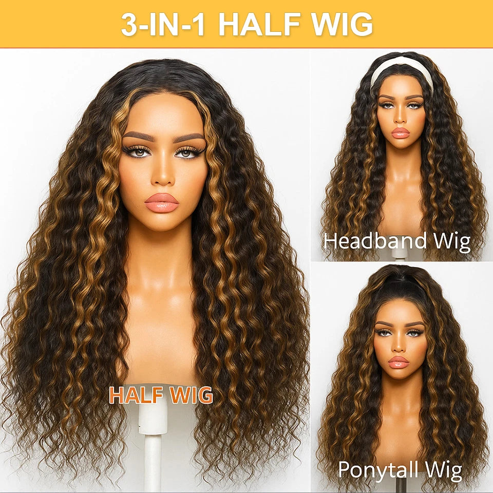 1b30 Highlight Half wig wear and go 3in1 Headband Wigs Human Hair Water Wave Wigs 100% Hair Curly wig Deep Wave Human Hair Wig