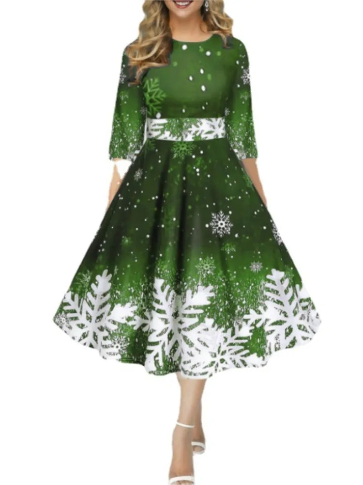 Autumn Winter New Snowflake Digital Print Women's 3/4sleeves Christmas Dress Fashion Waist Elegant Female A Line Christmas Dress Beauty hair & fashionfj