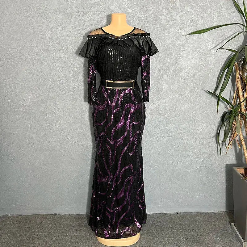 African Dresses For Women 2022 Lady Elegant Glittering Evening Dress Sparkle Sequin Sexy Sheath Maxi Party Gowns Come With Belt Beauty hair & fashionfj